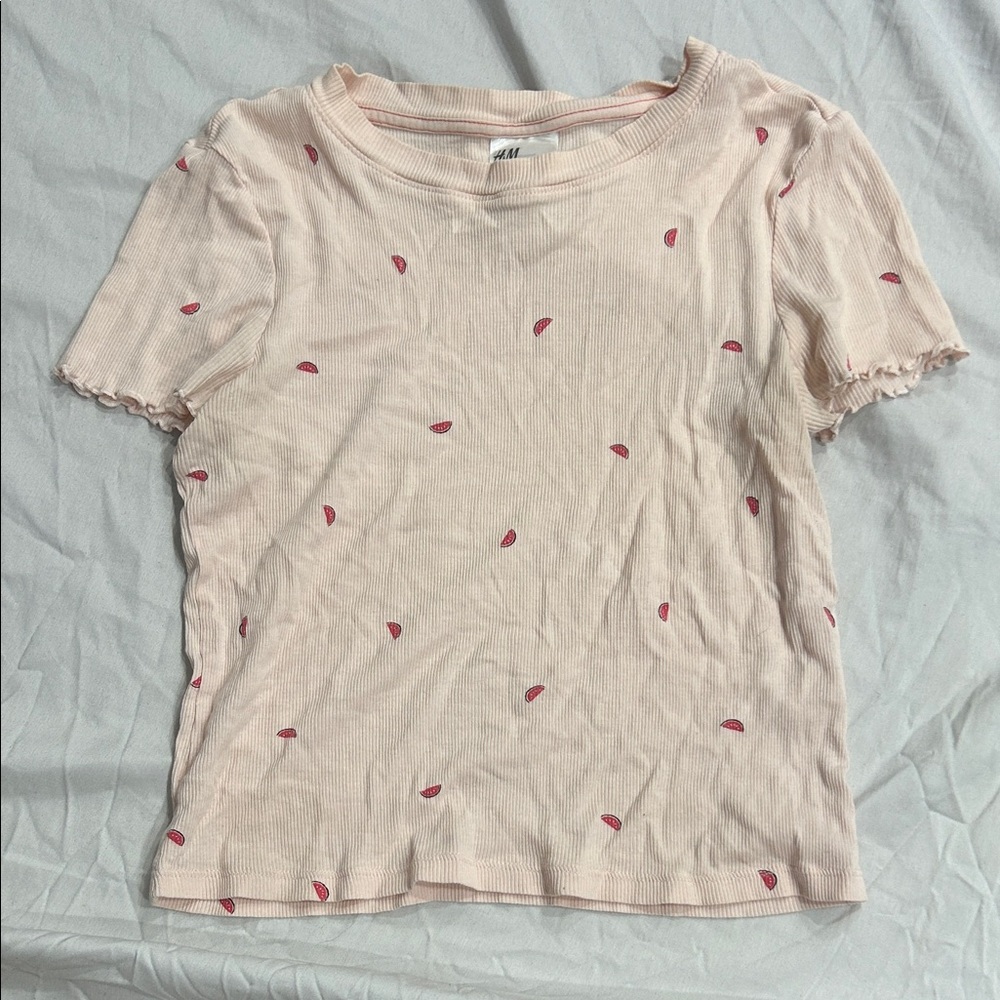 Pale Pink Ribbed Cropped Tee with Watermelons